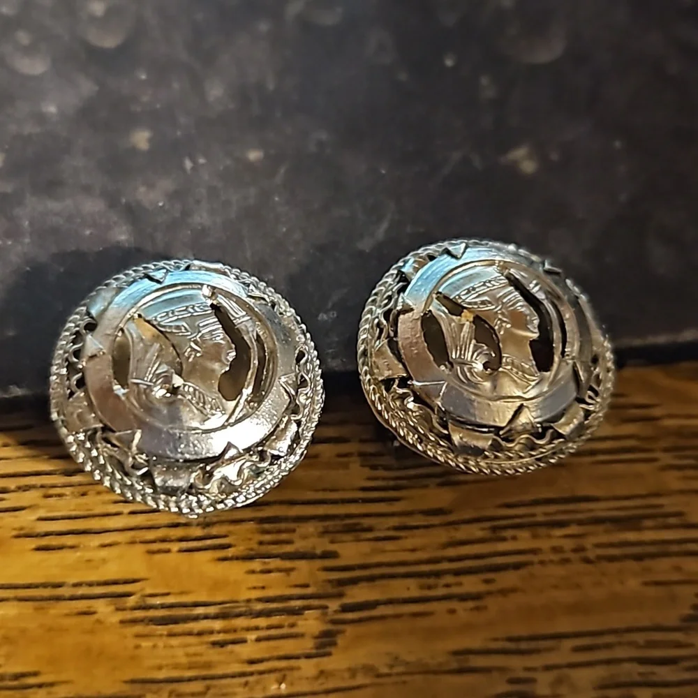 Vintage Silvertone Egyptian Revival Pharoah Clip Earrings